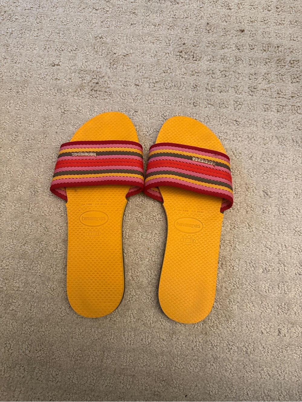 Havaianas Yellow Slides with Pink and Red Striped Band